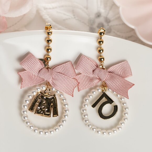 NEW Handmade Baby Pink Bow Dangle Earrings with Tweed Jacket & Rhinestone 5 - Picture 2 of 2